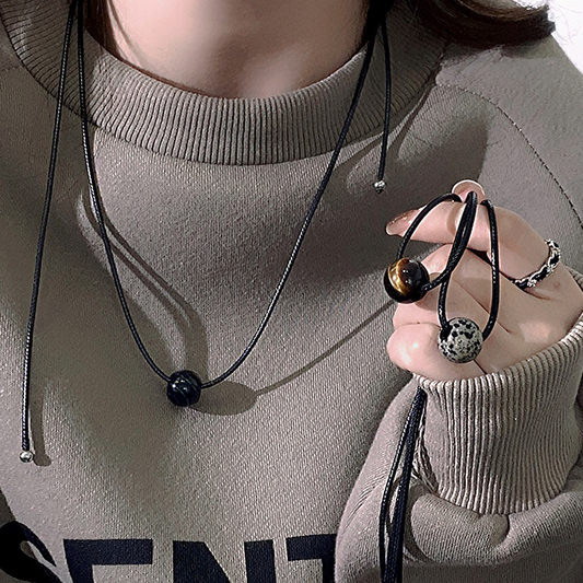 Vintage Geometric Natural Stone Bead Pendant Necklace Adjustable Black Rope Collarbone Chain Unisex Boho V888-ELOSUNG50357