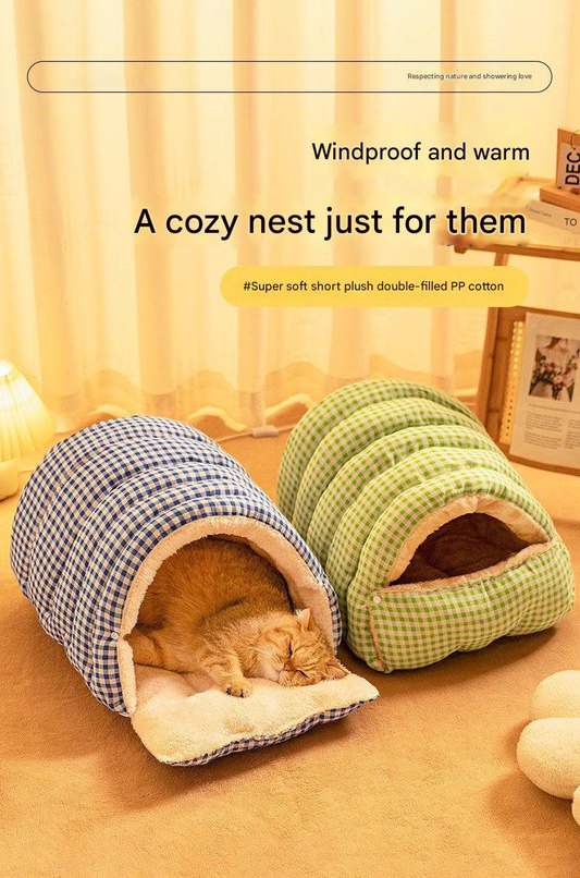 M size Blue Plaid Cat Cave Bed Winter Warm Enclosed Pet House Cozy Cat Sleeping Bag Semi-Enclosed Cat Nest V888-ELOSUNG50366