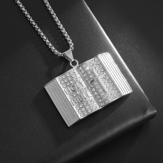 Steel-colored Vintage Holy Bible Book Pendant Necklace - Plated Alloy Cross Scripture Book Pendant with V888-ELOSUNG50447