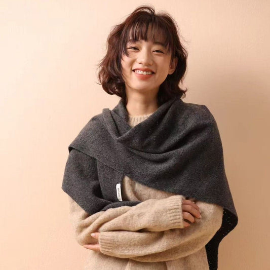 Black Women's Wool Blend Triangle Shawl - 70x180cm Knitted Winter Wrap - Warm Thick Solid Colour Poncho V888-ELOSUNG50484