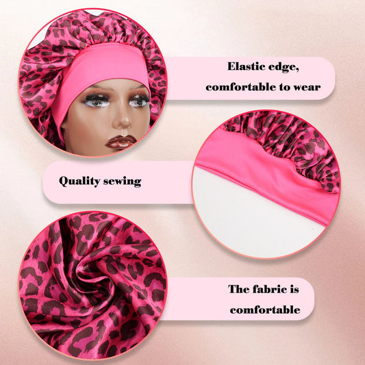 Virgo -Rose Red Leopard Print Satin Sleep Bonnet - Large Size Hair Protection Cap with Elastic Band, Soft V888-ELOSUNG50596