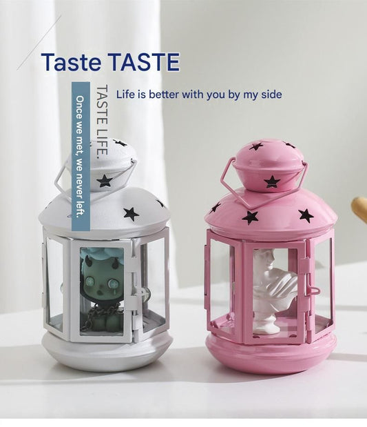Pink European Style Star Cutout Metal Candle Lantern - Handcrafted Iron & Glass Decorative Lamp for V888-ELOSUNG50727