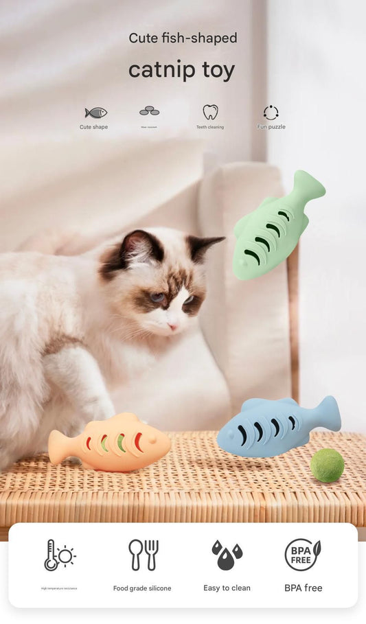 2-piece Cream-colored Fish-Shaped Silicone Cat Toy and Catnip- 3-in-1 Interactive & Self-Entertaining Toy V888-ELOSUNG50820