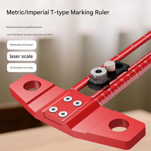 Red Multifunctional T-Square Ruler 0-300mm - Aluminium Alloy with Laser Engraved Scale - Interchangeable V888-ELOSUNG50981