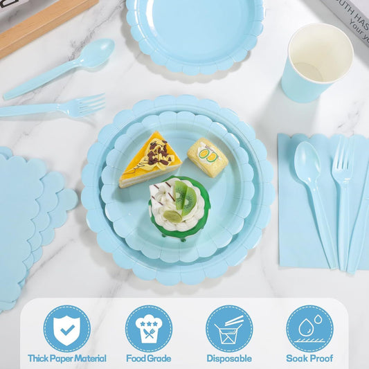7-Piece Light Blue Scalloped Party Tableware Set for 50 Guests - Disposable Paper Plates 7 / 9 inch, 9oz V888-ELOSUNG52035