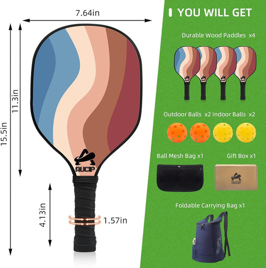 Lightweight 9-Ply Hard Basswood Pickleball Paddle Set with Curved Stripes Design - 4 Durable Paddles + 4 V888-ELOSUNG52096