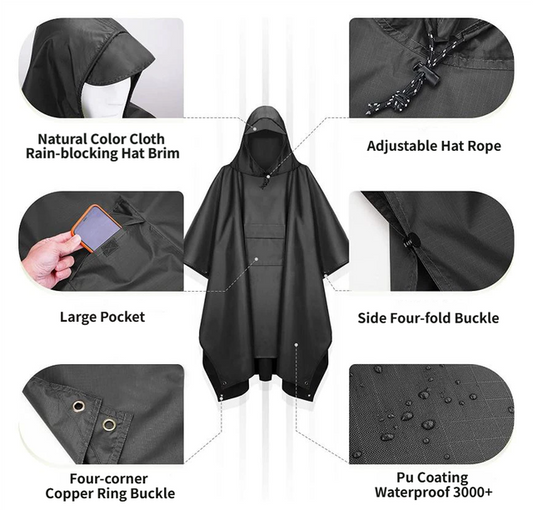 3-in-1 Black Camping Rain Poncho / Outdoor Shelter Tarp / Ground Sheet (82.7 x 55 inch) with 2 Pairs Rain V888-ELOSUNG52317