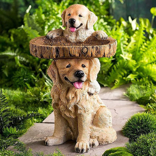 Resin Bird Bath Feeder Garden Ornament with Dog Design - Tree Stump Decorative Outdoor Bird Feeder for Patio, V888-ELOSUNG52508