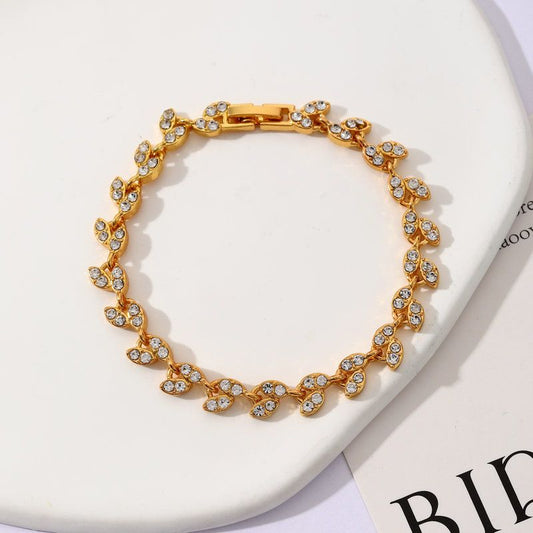 2 Pack Gold and Rose Gold Women's Crystal Leaf Bracelets with Gift Box - Elegant Rhinestone Alloy Link V888-ELOSUNG52526