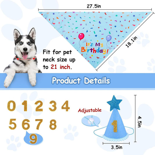 Blue Pet Birthday Bandana and Hat Set - Soft Cotton, Double-Sided Print, Adjustable Party Hat with Number - V888-ELOSUNG53087