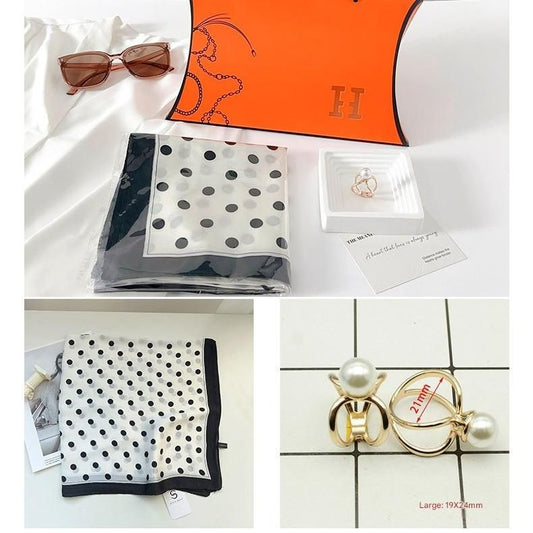 Black Polka-Dot Style Korean Design 70x70cm Imitation Silk Scarf Gift Set for Women - Fashionable Square V888-ELOSUNG53101