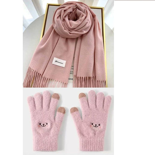 Pink Winter Cashmere-Like Scarf and Gloves Gift Set for Women - Solid Color Tassel Warm Neck Wrap with V888-ELOSUNG53107
