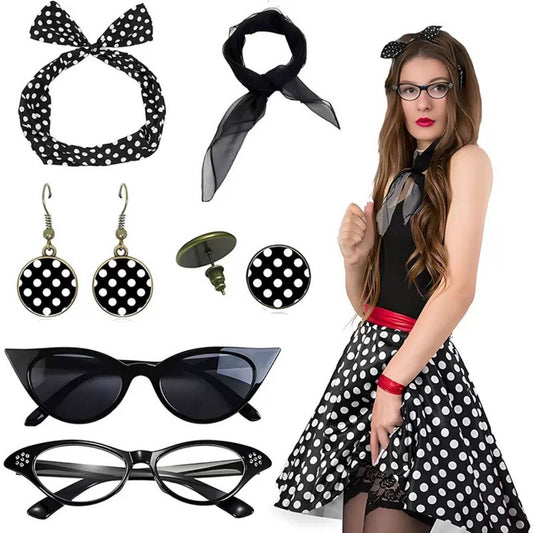 Black 6 Piece Vintage Polka Dot Party Kit Accessories Set - 1950s Retro Costume with Cat Eye Sunglasses, V888-ELOSUNG53124
