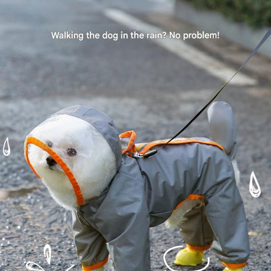 Grey and Green S size Dog Raincoat with Leash Access and Transparent Hood - Waterproof Full Body Pet Rain V888-ELOSUNG53238