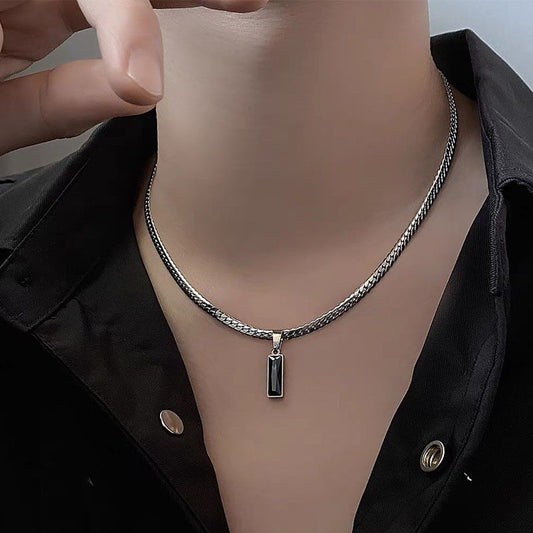 Black Zircon Bar Pendant Necklace 45cm+5cm for Men, Stainless Steel Cuban Chain Necklace, Minimalist Hip Hop V888-ELOSUNG53348