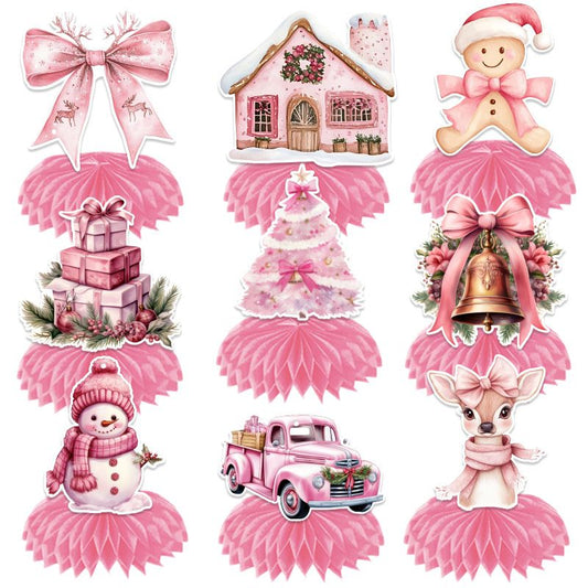 9 pcs Pink Christmas Honeycomb Table Centrepiece Set - 3D Paper Decorations with Reindeer and Snowman Designs V888-ELOSUNG53374