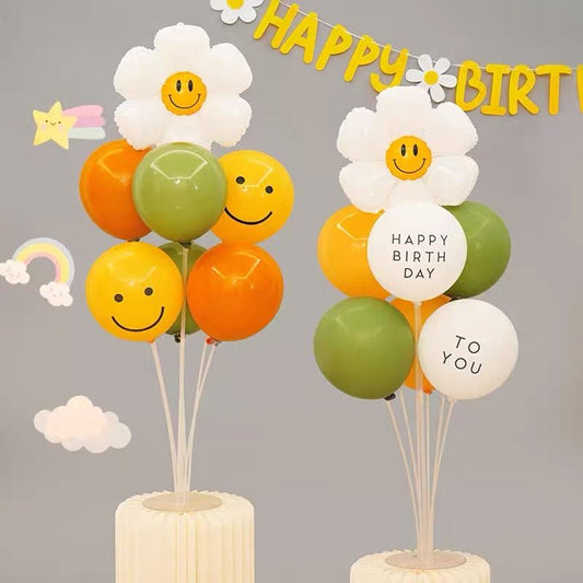 3-pcs Birthday Party Decoration Set with 2-pack Smiley Daisy Balloon Centerpieces & Blue and Green Happy V888-ELOSUNG53423