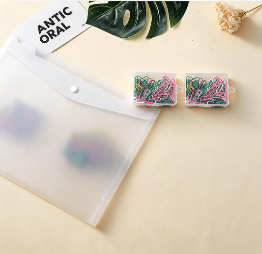 Heavy Duty A4 Transparent File Folder with Snap Closure & Paper Clip Set - Durable 0.2mm Plastic Document V888-ELOSUNG54039