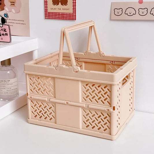 Brown Foldable Storage Basket with Handles - Portable Multi Purpose Desktop Organiser Crate for Snacks, V888-ELOSUNG54055