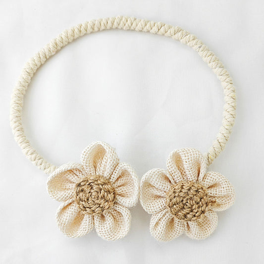 Beige Rustic Flower Curtain Tiebacks Set of 2, Handcrafted Fabric Daisy Curtain Holdbacks, No Drill Flexible V888-ELOSUNG54145