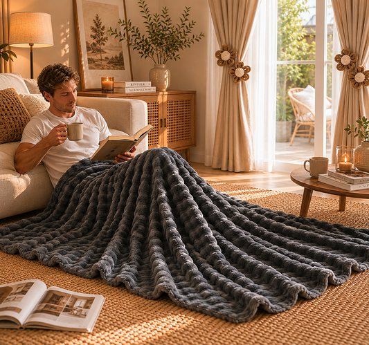 Grey Luxury Bubble Fleece Throw Blanket 180x200cm Sofa Couch Bed Blanket with FREE Pair of Flower Curtain V888-ELOSUNG54154