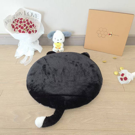 40cm Round Cat-Themed Seat Cushion (Black Cat with a White Tail) - Slow-Rebound Memory Foam, Soft Plush, V888-ELOSUNG54175