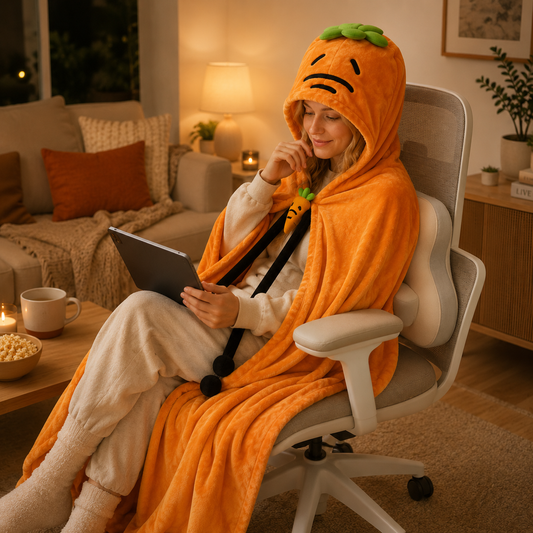 Carrot Hooded Blanket with Beige-grey Memory Foam Lumbar Support Pillow, Cozy Wearable Throw Blanket and V888-ELOSUNG54181