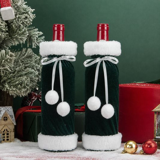 2 Pack Green Christmas Velvet Wine Bottle Covers with Faux Fur Trim Reusable Wine Bottle Gift Bags for V888-ELOSUNG54217