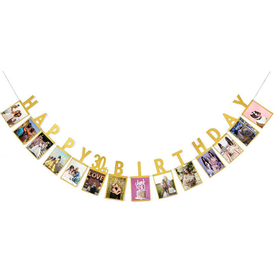 30th Birthday Photo Banner Garland, Gold Happy Birthday Photo Display Banner, DIY Party Backdrop Decoration V888-ELOSUNG54220
