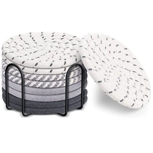 Gray tones 8 Piece Handmade Braided Cotton Coasters Set with Holder 4.3 Inch Round Absorbent Drink Coasters V888-ELOSUNG543019