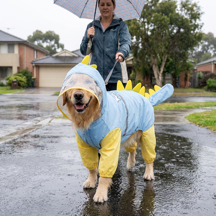 Blue Dog Raincoat Dinosaur Hooded Waterproof Jacket 3XL Size with Leash Hole Removable Tail Cover Full Body V888-ELOSUNG543045