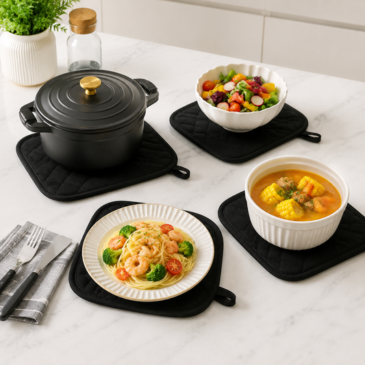 4 Pack Heat Resistant Pot Holders - Black Cotton Silver Coated Quilted Kitchen Heat Pads Non Slip Oven Mats V888-ELOSUNG54309
