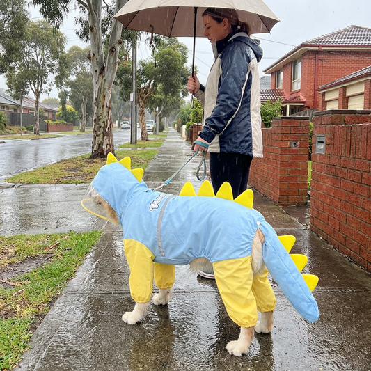Blue Dog Raincoat Dinosaur Hooded Waterproof Jacket 7XL Size with Leash Hole Removable Tail Cover Full Body V888-ELOSUNG54349