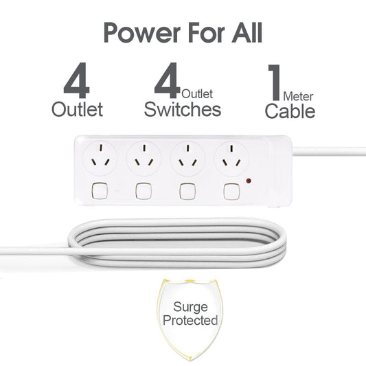 4 Outlet Power Board With Surge Protection with Individual Switches 1M Lead Cable V915-EL0031