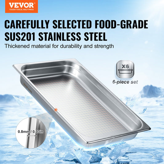 6 Pack Hotel Pans, Full Size Anti-Jam Steam Pan, 0.8mm Thick Stainless Steel Restaurant Steam Table Pan, V952-11QCCPWG25YCP9ZNIV0