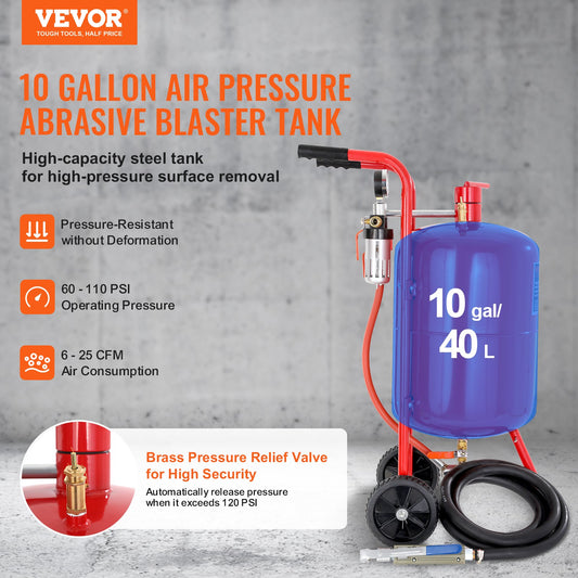 10Gal/40L Sandblaster Equipped w/Nozzle Shut-Off Valve Pressure Gauge Ceramic Nozzle Rubber Wheels Grit Power V952-40LPSJ00000000001V0