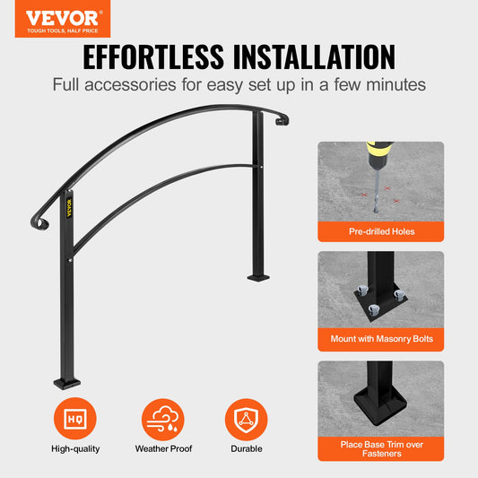 4-Step Handrail Fits 1 or 4 Steps Matte Black Stair Rail Wrought Iron Handrail with Installation Kit Hand V952-4FTHWTYFSBLACK001V0