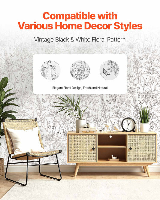 Peel and Stick Wallpaper, 45cm x 10m Contact Paper White Line Art Botanical Floral Waterpoof Self Adhesive, V952-BZCCBZJKD404WXD03001V0