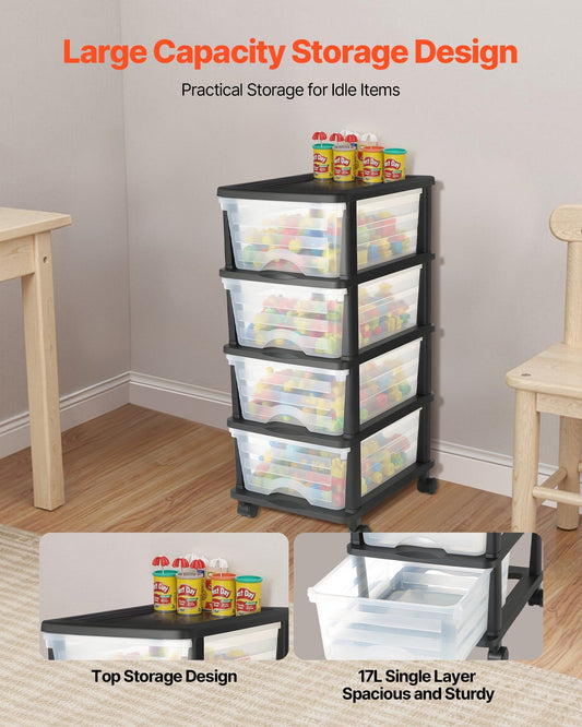 Plastic Storage Drawers Cart, 4 Drawers Storage Organizer with Wheels, Rolling Closet Organization and V952-CWCT1SLJL4G13PBKB001V0