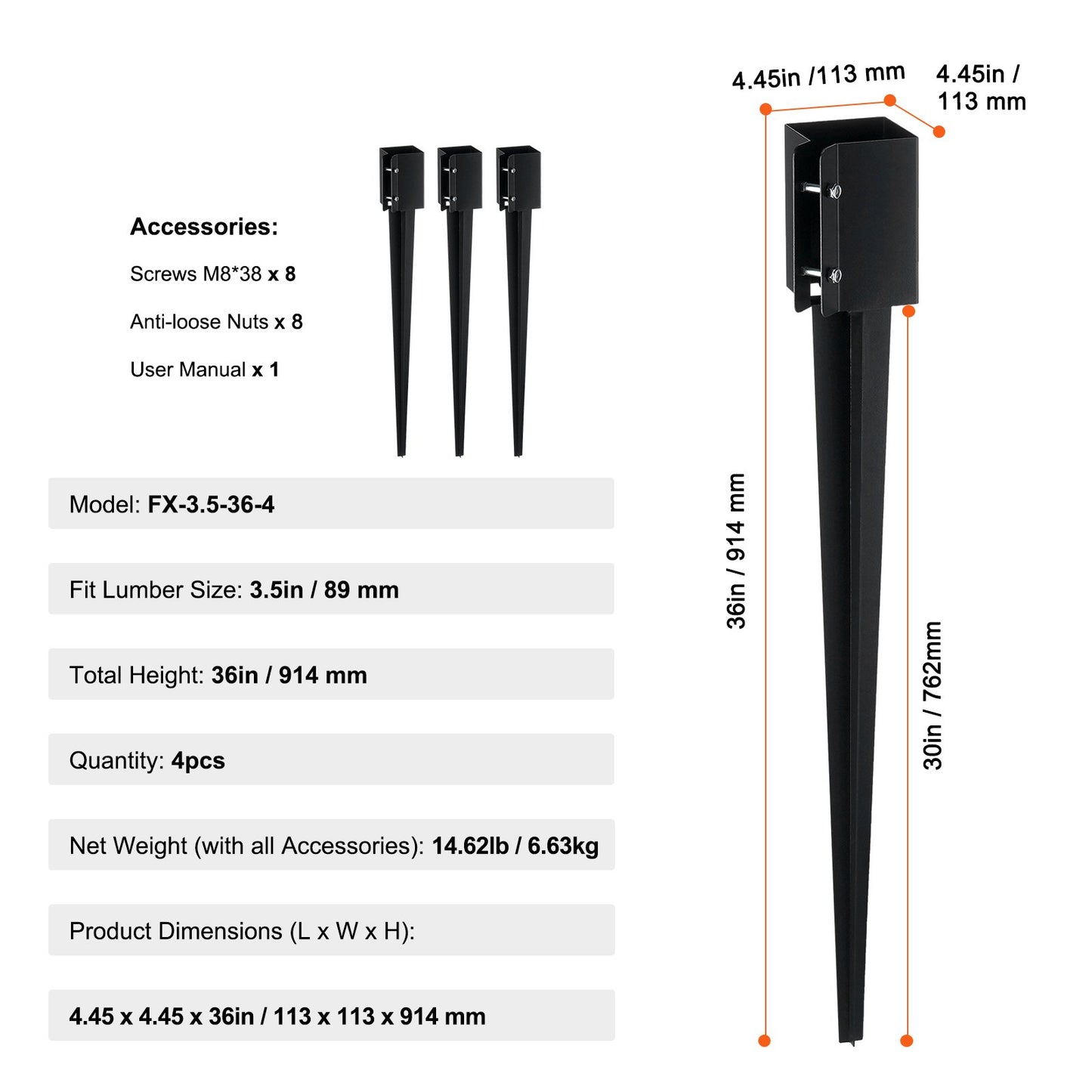 Fence Post Anchor Ground Spike 4 Pack 36 x 4 x 4 In Metal Fence Stakes V952-FXDD35YC36YCP7NVLV0