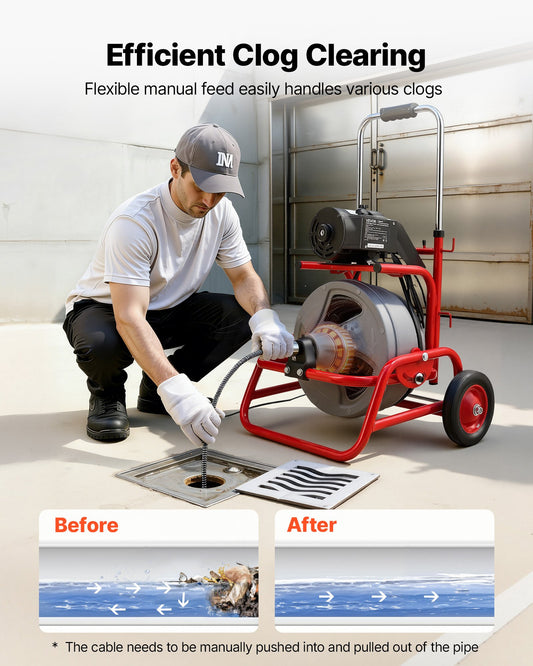Drain Cleaner Machine 22m x 12.7mm, Sewer Snake Auger on Wheels, Manual Feed Drain Cleaning Machine with V952-GDSTJLSGTSSDA3LHN001V3