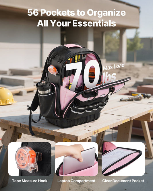 Tool Backpack, 56 Pockets, Heavy-duty Tools Storage Organizer Work Bags with Laptop Compartment & Molded V952-GJBBSLD1012I9UUIW001V0