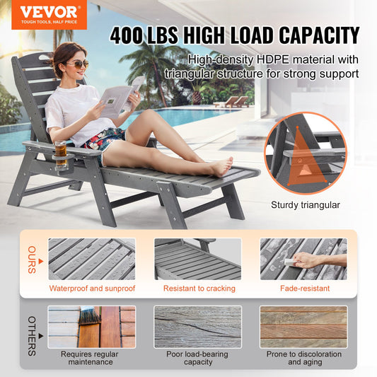 Outdoor Chaise Lounge Chair 6 Positions Reclining Patio Bench Lounger Gray V952-HDPESLTYGDTYX7BM7001V0