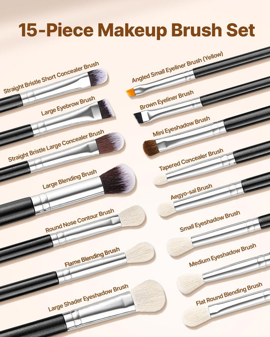 15-Piece Makeup Brush Set for Foundation Blending Eyeshadow, Professional Vegan Brushes with Soft Synthetic V952-HZSTZXJSTZHCPXXSI001V0