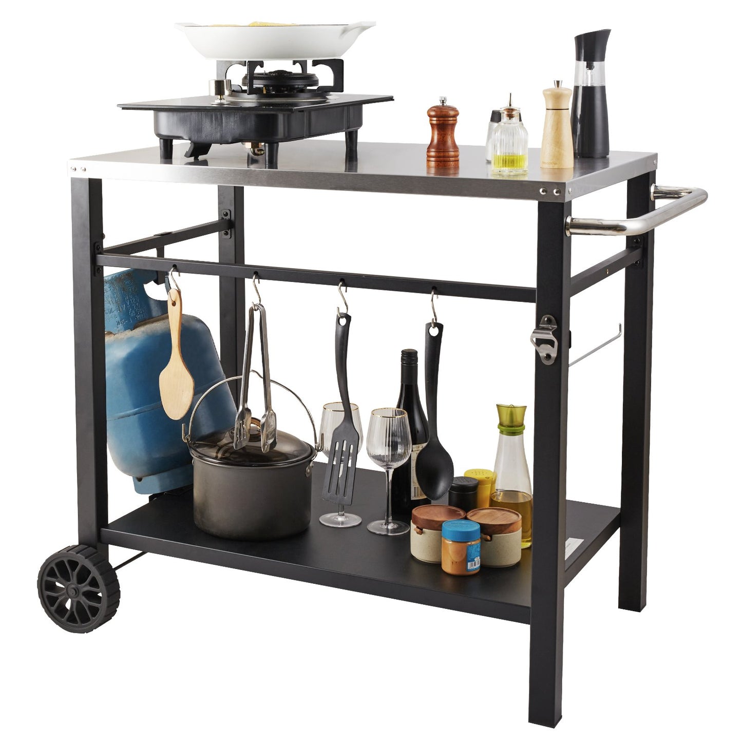 Outdoor Grill Dining Cart with Double-Shelf, 85*55cm BBQ Movable Food Prep Table, Multifunctional Stainless V952-JSHWBCTC855512MJNV0