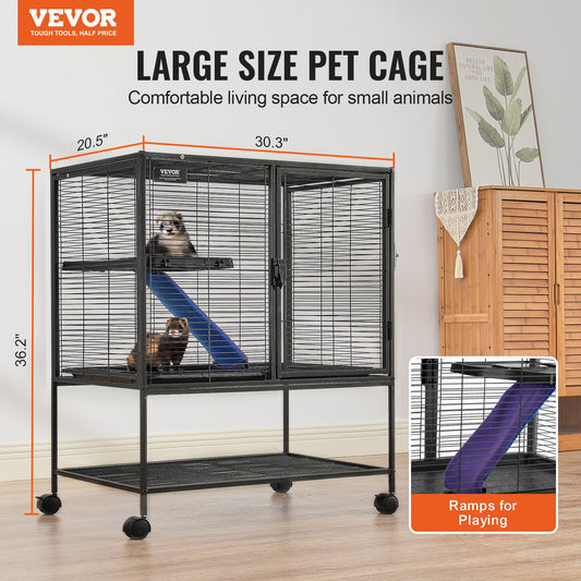 36" Metal Small Animal Cage 2-Tier Rolling Ferret Cage with Tray A Ramp V952-JSXDL322233IWSCUUV0