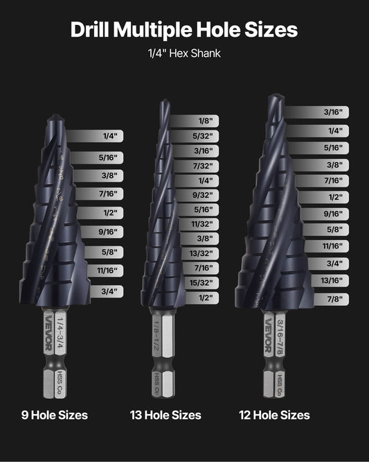 Step Drill Bit Set, 3.2 - 22.2 mm, 3 Pieces Step Drill Bits, 6.35 mm Hex Shank, TiAlN Coating Cobalt HSS High V952-JTZTLXSM35GGQOKP2001V0