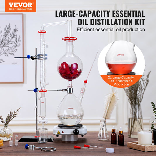 Essential Oil Distillation Kit, 2000ml Distillation Apparatus, 3.3 Boro Lab Glassware Distillation Kit with V952-JYTQBLZZJPDJMWNR6V3