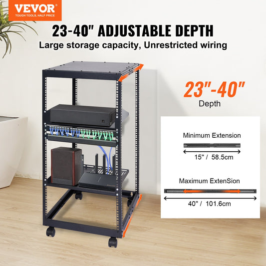 20U Open Frame Server Rack, 15''-40'' Adjustable Depth, Free Standing or Wall Mount Network Server Rack, 4 V952-KFSJJH20U2340PHVWV0