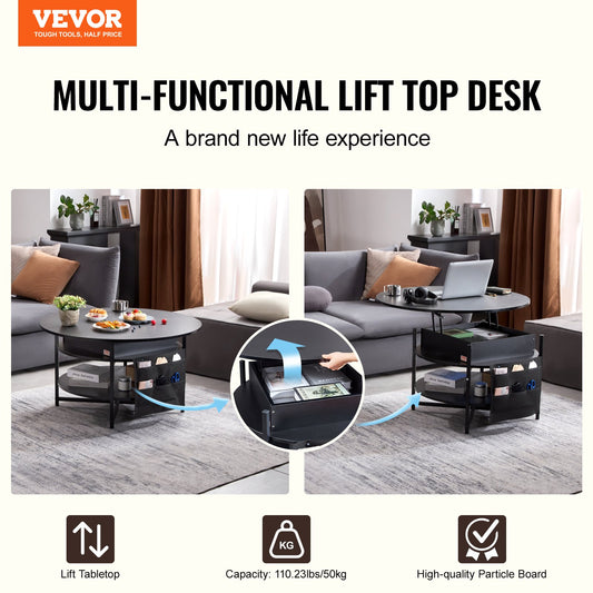 Lift Top Coffee Table 35.3" Round Coffee Table for Living Room Black V952-KFZ35YXWYBKFA7BWYV9